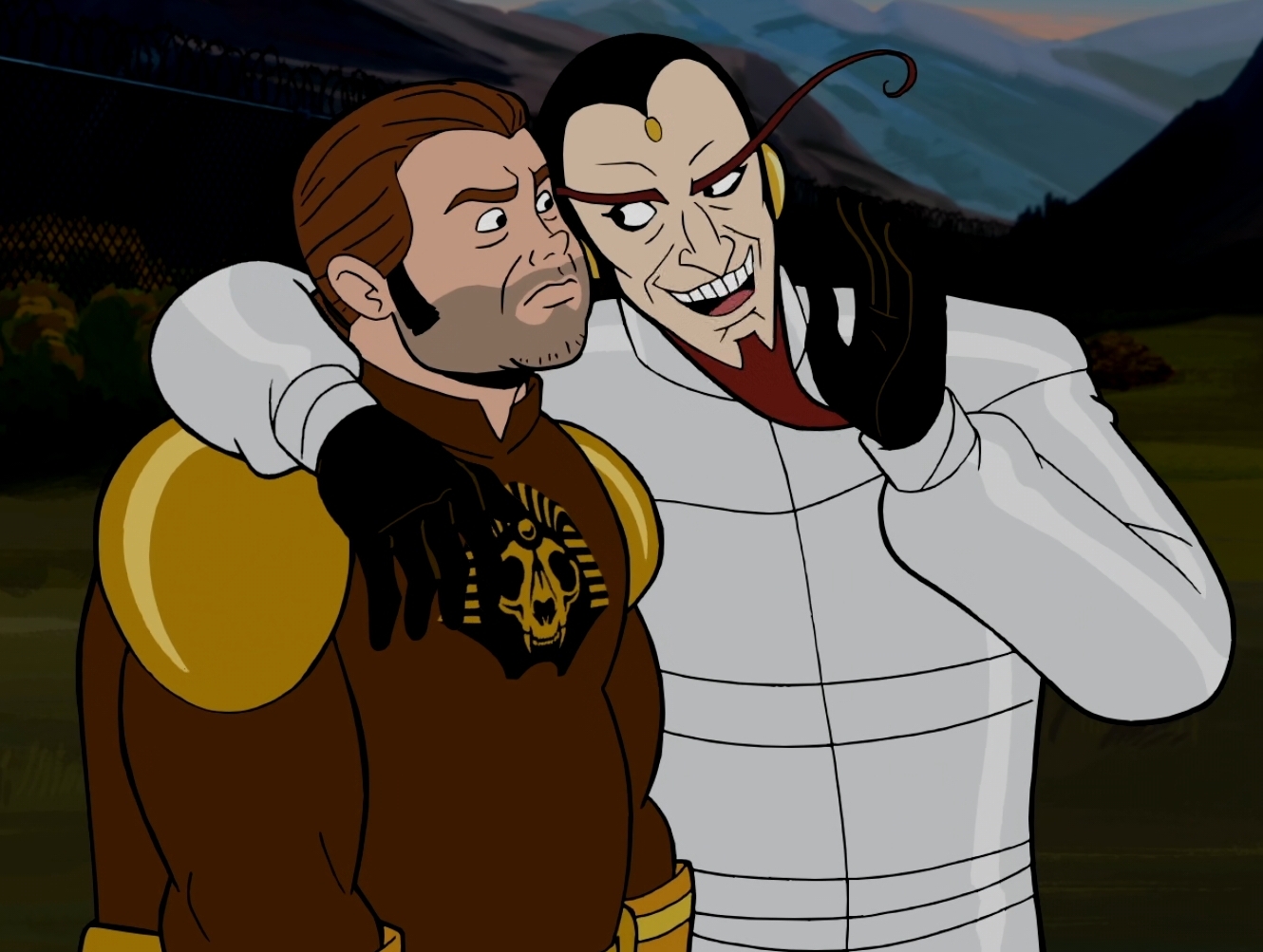 the monarch wrapping an arm around 21's neck